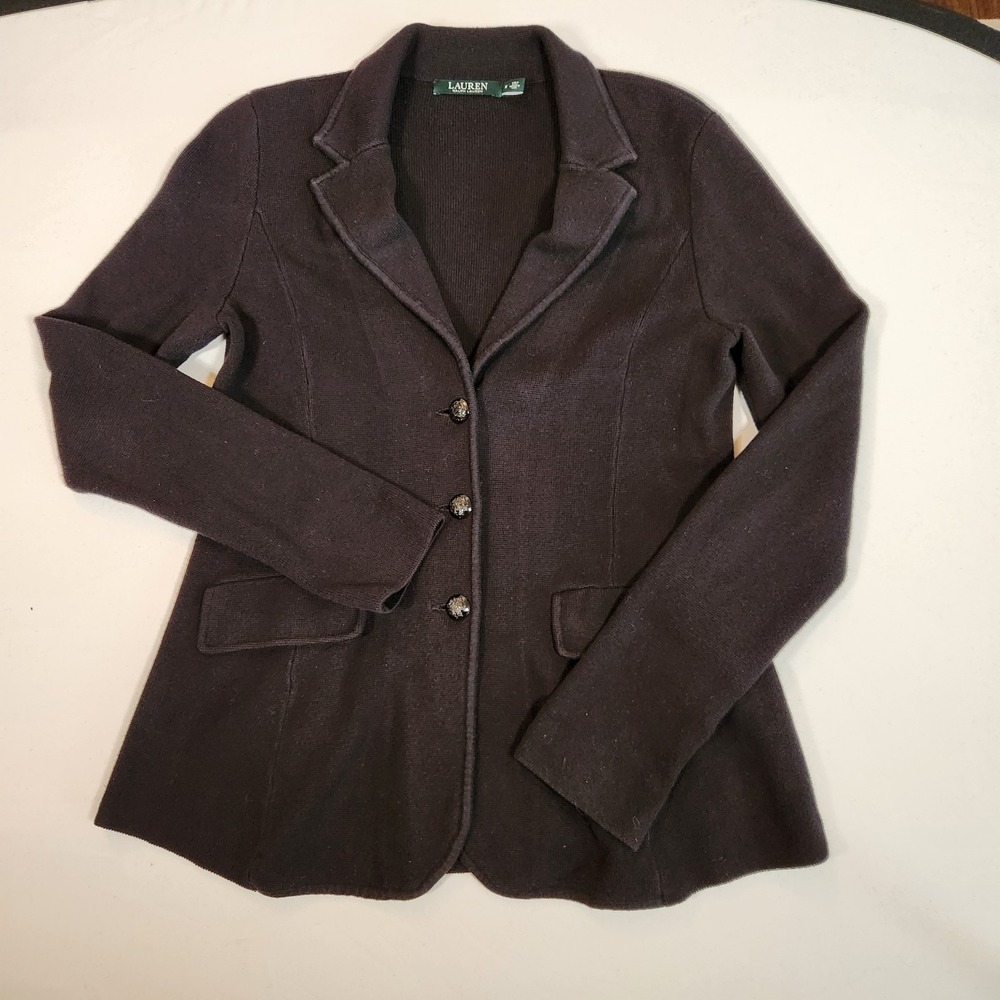 Lauren Ralph Lauren Notch Lapel Cotton Sweater Blazer Black M Preppy Minimalist
